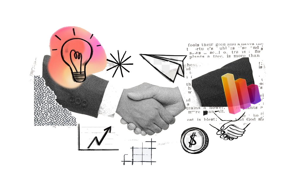 Collage: Handschlag, Glühbirne und Aufwärts-Chart — Partnerschaft & Wachstum